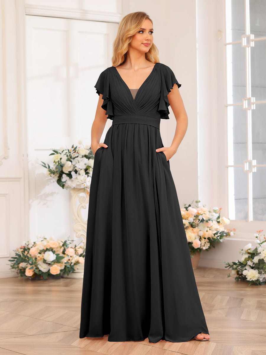 A-Line/Princess V-Neck Long Wedding Party Dresses with Split Side & Pockets Black