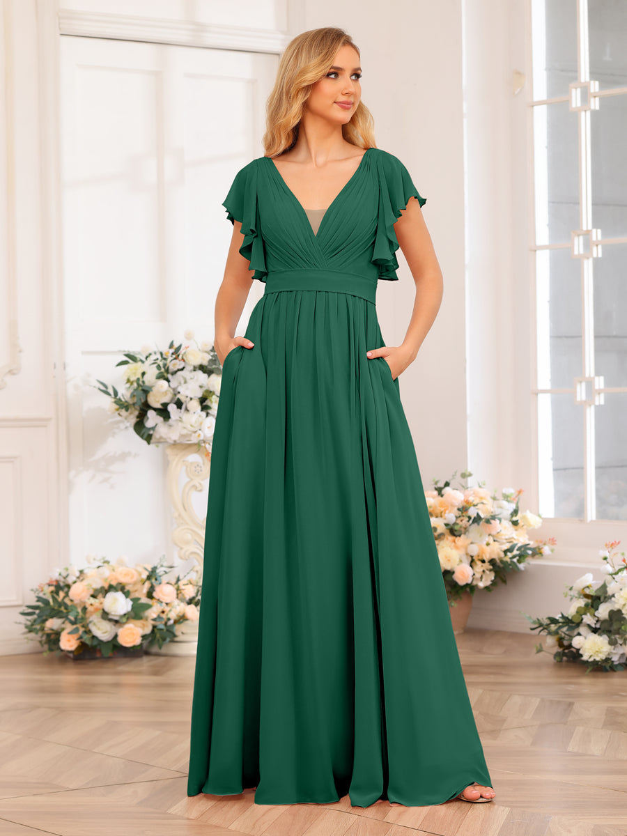 A-Line/Princess V-Neck Long Wedding Party Dresses with Split Side & Pockets Dark Green