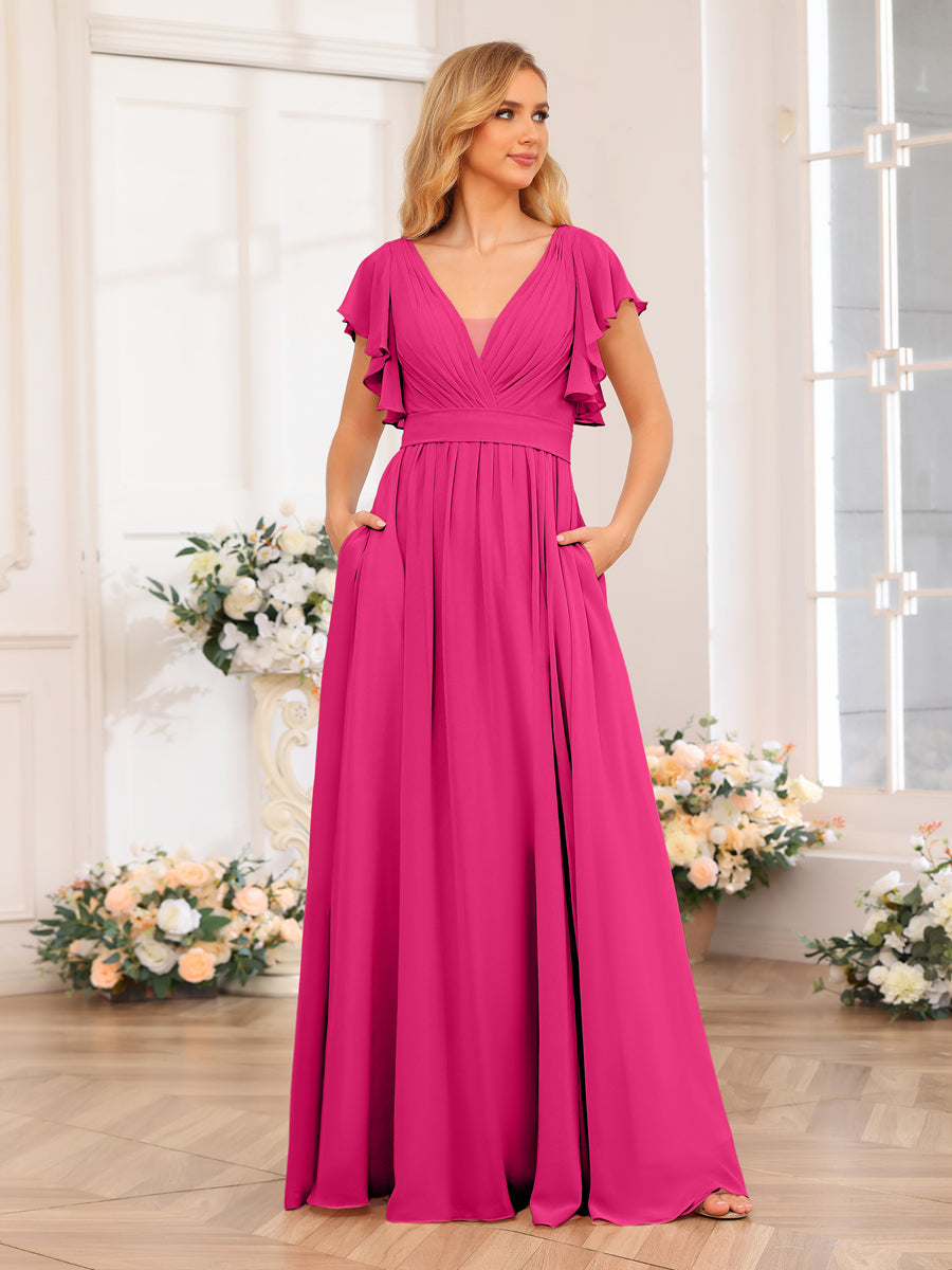 A-Line/Princess V-Neck Long Wedding Party Dresses with Split Side & Pockets Fuchsia Pink