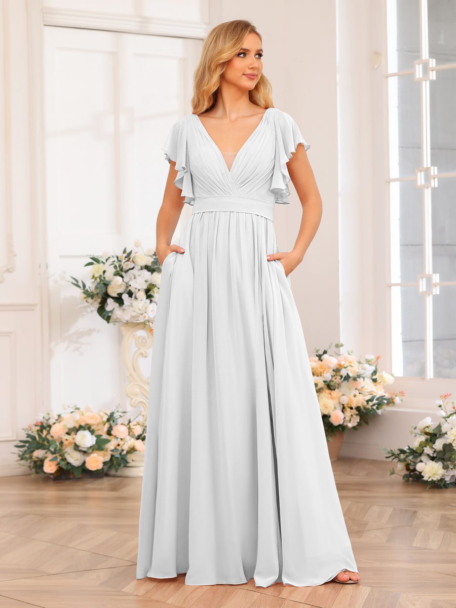 A-Line/Princess V-Neck Long Wedding Party Dresses with Split Side & Pockets Off White