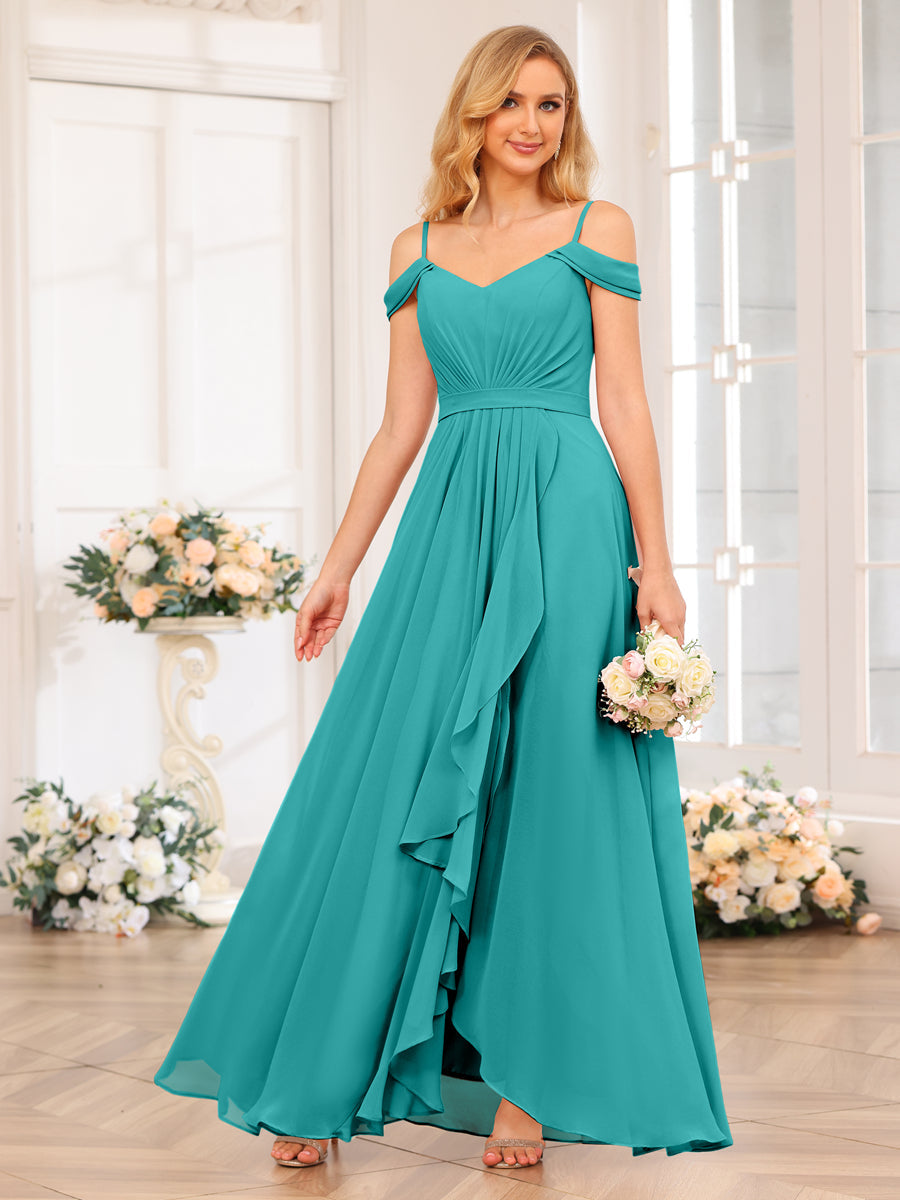 A-Line/Princess Spaghetti Straps Long Wedding Party Dresses with Split Side Aqua Blue