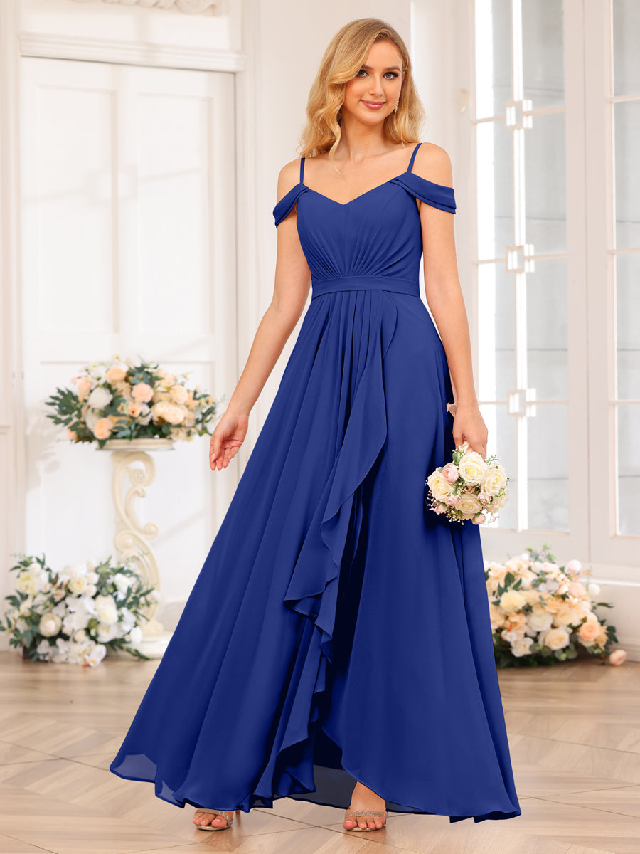 A-Line/Princess Spaghetti Straps Long Wedding Party Dresses with Split Side Dark Royal Blue