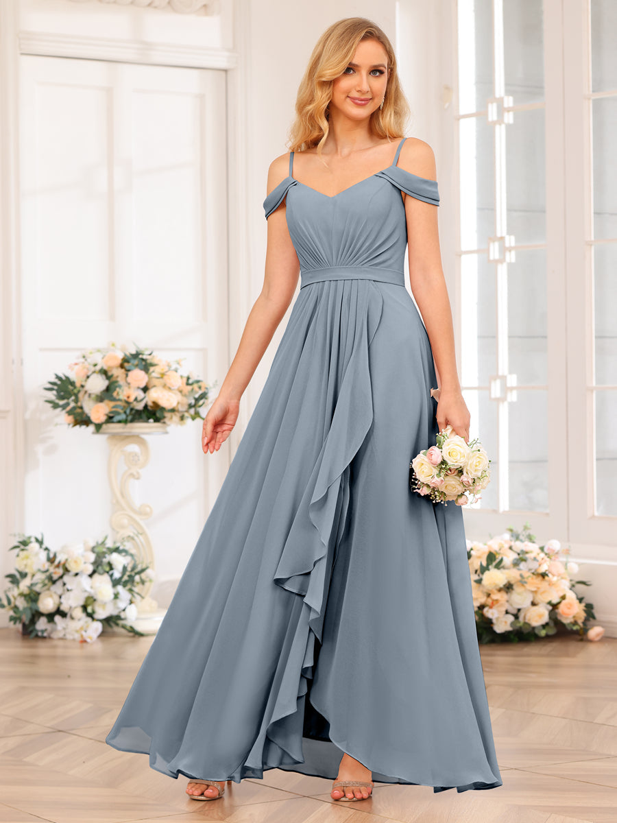 A-Line/Princess Spaghetti Straps Long Wedding Party Dresses with Split Side Dusty Blue
