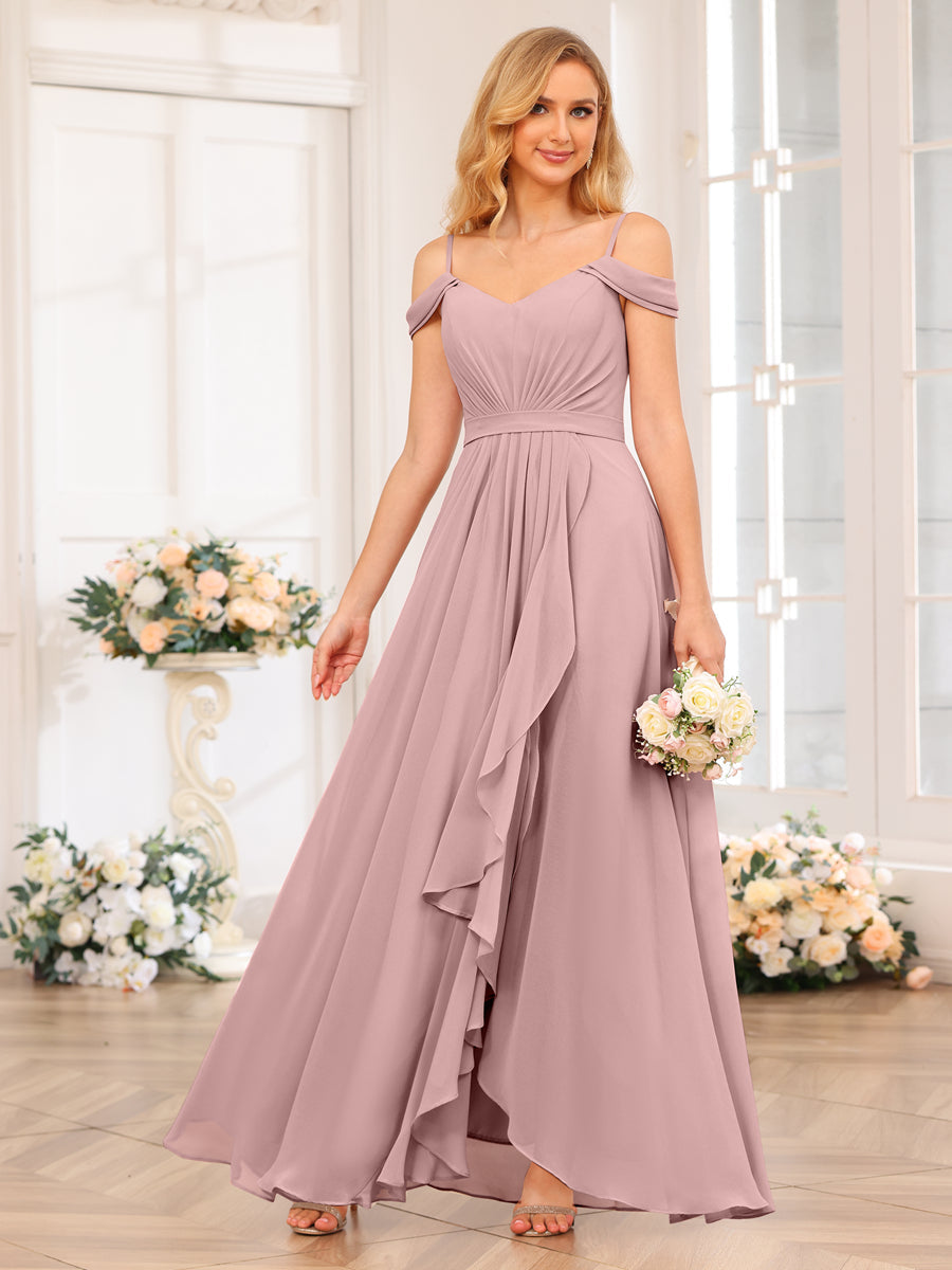 A-Line/Princess Spaghetti Straps Long Wedding Party Dresses with Split Side Dusty Pink