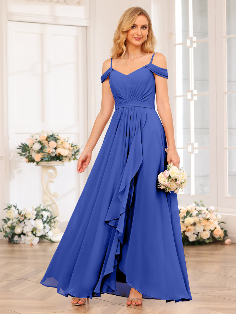 A-Line/Princess Spaghetti Straps Long Wedding Party Dresses with Split Side Light Royal Blue