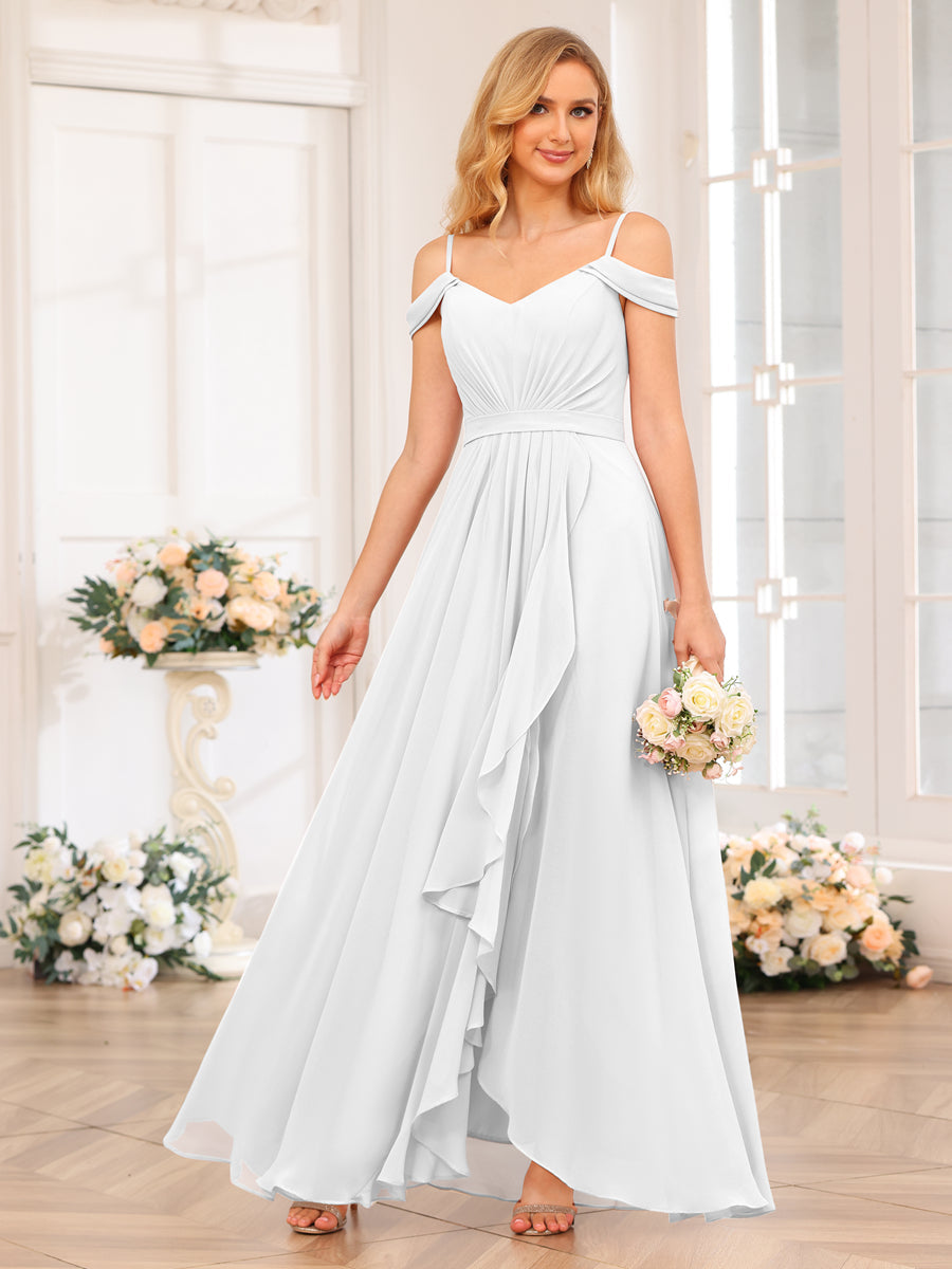 A-Line/Princess Spaghetti Straps Long Wedding Party Dresses with Split Side Off White