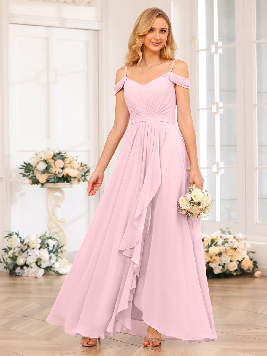 A-Line/Princess Spaghetti Straps Long Wedding Party Dresses with Split Side Pink