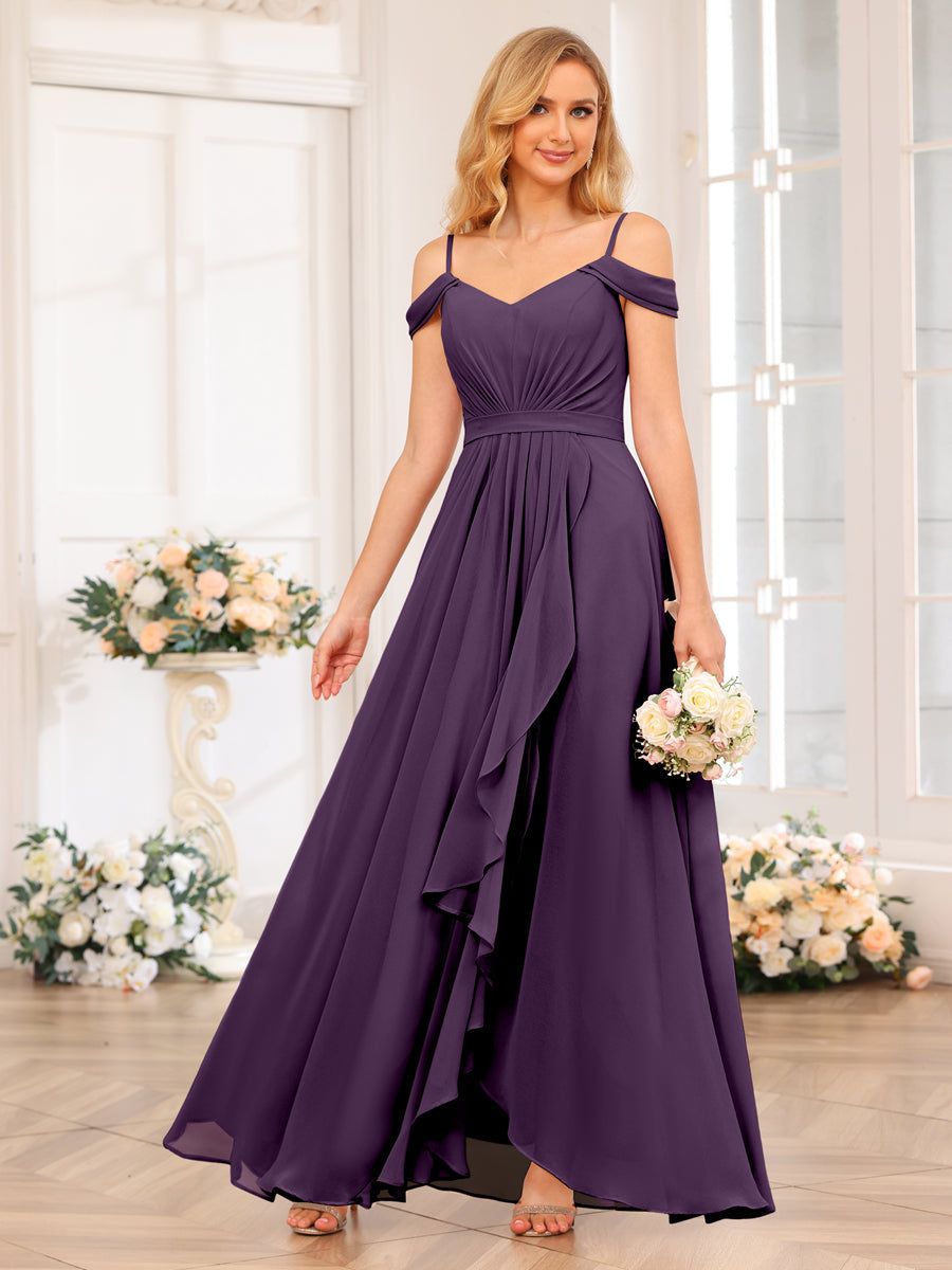 A-Line/Princess Spaghetti Straps Long Wedding Party Dresses with Split Side Plum