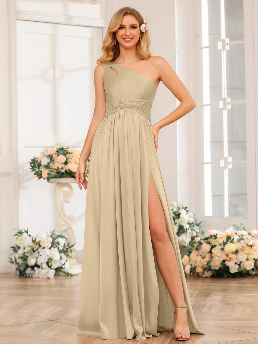 A-Line/Princess One-Shoulder Long Formal Dresses with Split Side Champagne