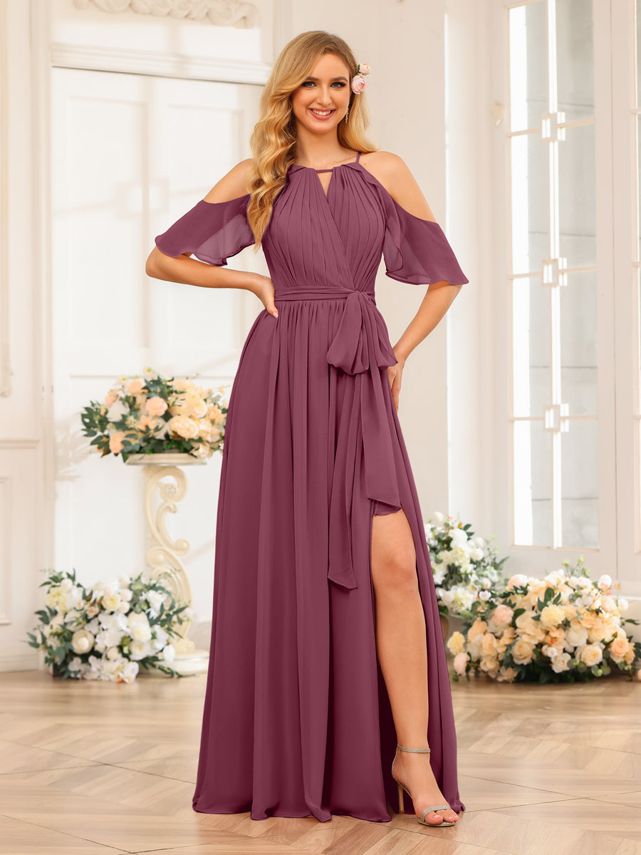 A-Line/Princess Halter Long Wedding Party Dresses with Split Side & Sash Mulberry