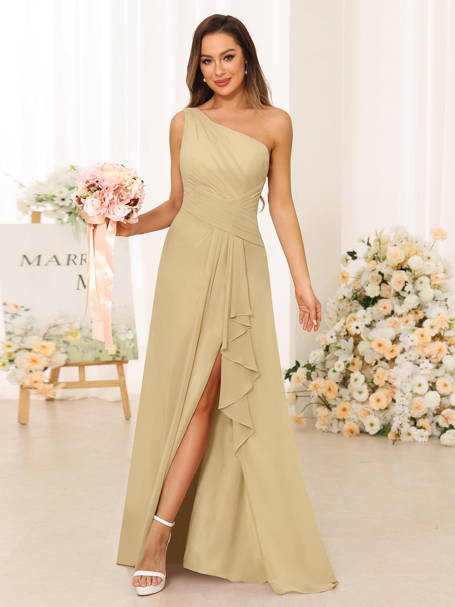 A-Line/Princess One-Shoulder Long Bridesmaid Dresses with Split Side Champagne