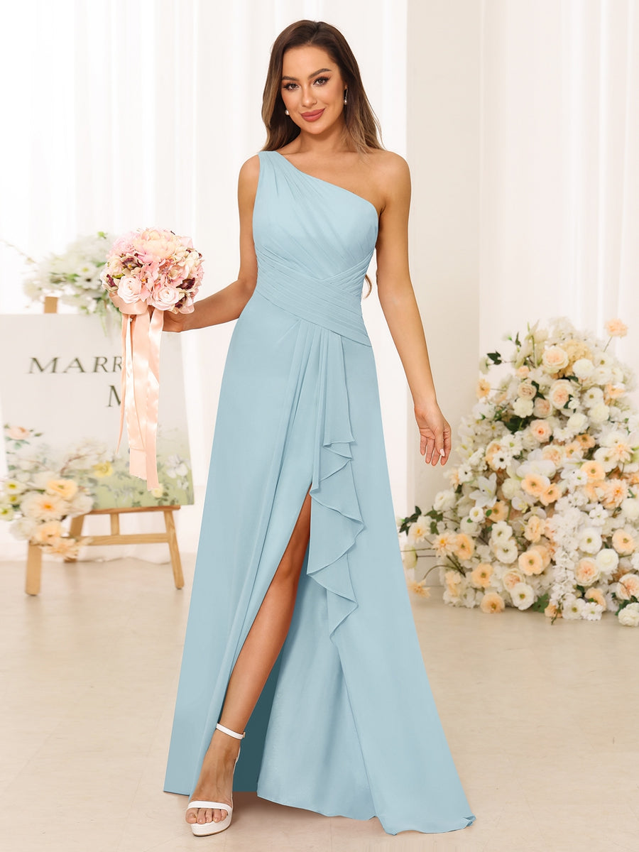A-Line/Princess One-Shoulder Long Bridesmaid Dresses with Split Side Light Blue