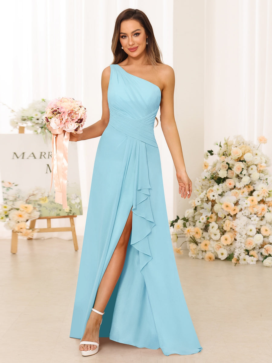 A-Line/Princess One-Shoulder Long Bridesmaid Dresses with Split Side Light Sky Blue
