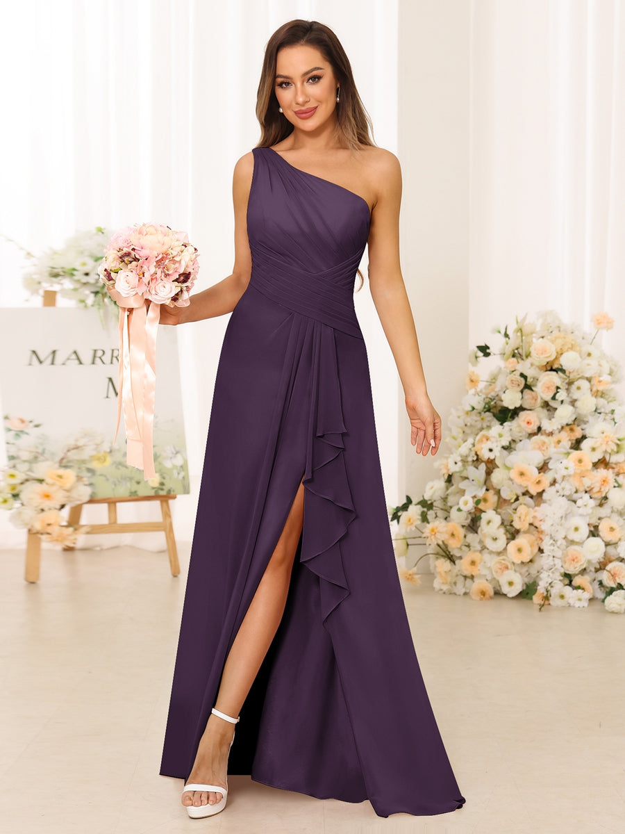 A-Line/Princess One-Shoulder Long Bridesmaid Dresses with Split Side Plum