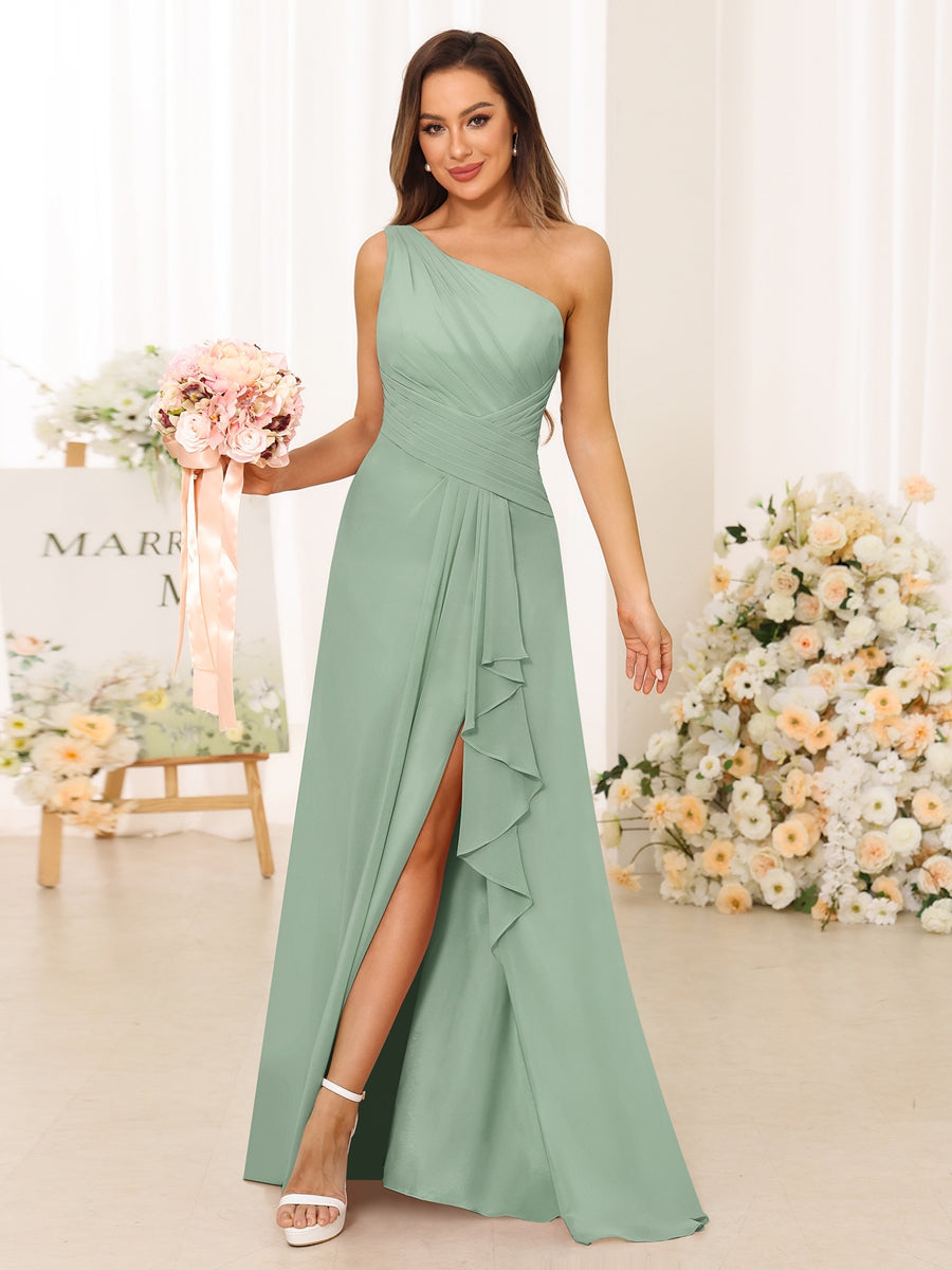 A-Line/Princess One-Shoulder Long Bridesmaid Dresses with Split Side Sage
