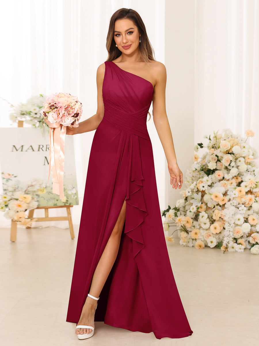 A-Line/Princess One-Shoulder Long Bridesmaid Dresses with Split Side Wine Red