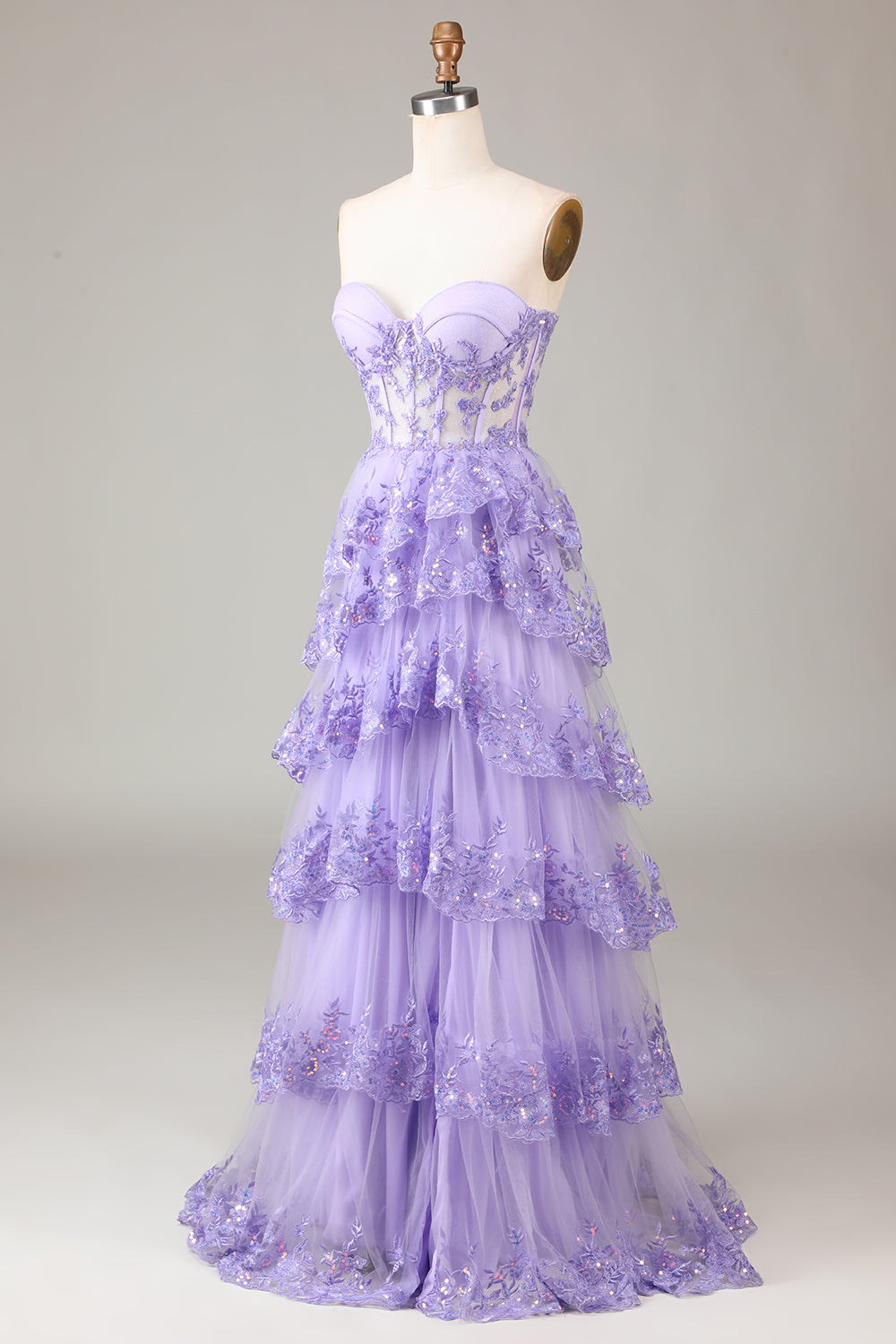 A Line Purple Corset Tiered Long Prom Dress