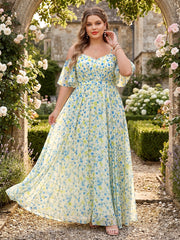 A-Line/Princess Cold Shoulder Short Sleeves Ruched Plus Size Floral Bridesmaid Dresses Blue