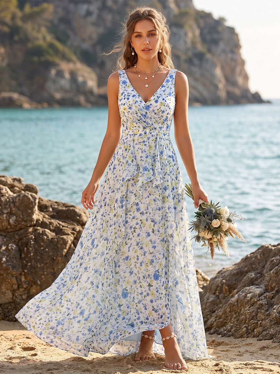 A-Line/Princess V-Neck Sleeveless Ruffles Floral Bridesmaid Dresses Blue