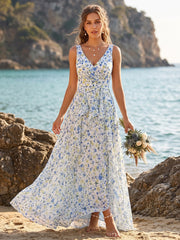 A-Line/Princess V-Neck Sleeveless Ruffles Floral Bridesmaid Dresses Blue