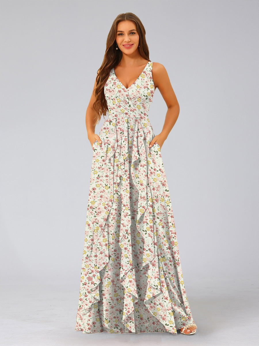 A-Line/Princess V-Neck Sleeveless Ruffles Floral Bridesmaid Dresses Pink