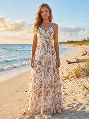 A-Line/Princess V-Neck Long Floral Bridesmaid Dresses with Ruched Red Floral