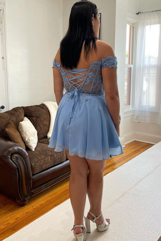 Grey Blue Corset A-Line Chiffon Short Homecoming Dress with Lace