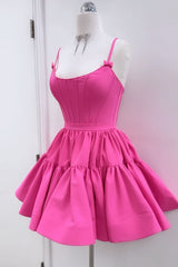 Fuchsia Spaghetti Straps Lace-Up Back A-Line Short Satin Homecoming Dress