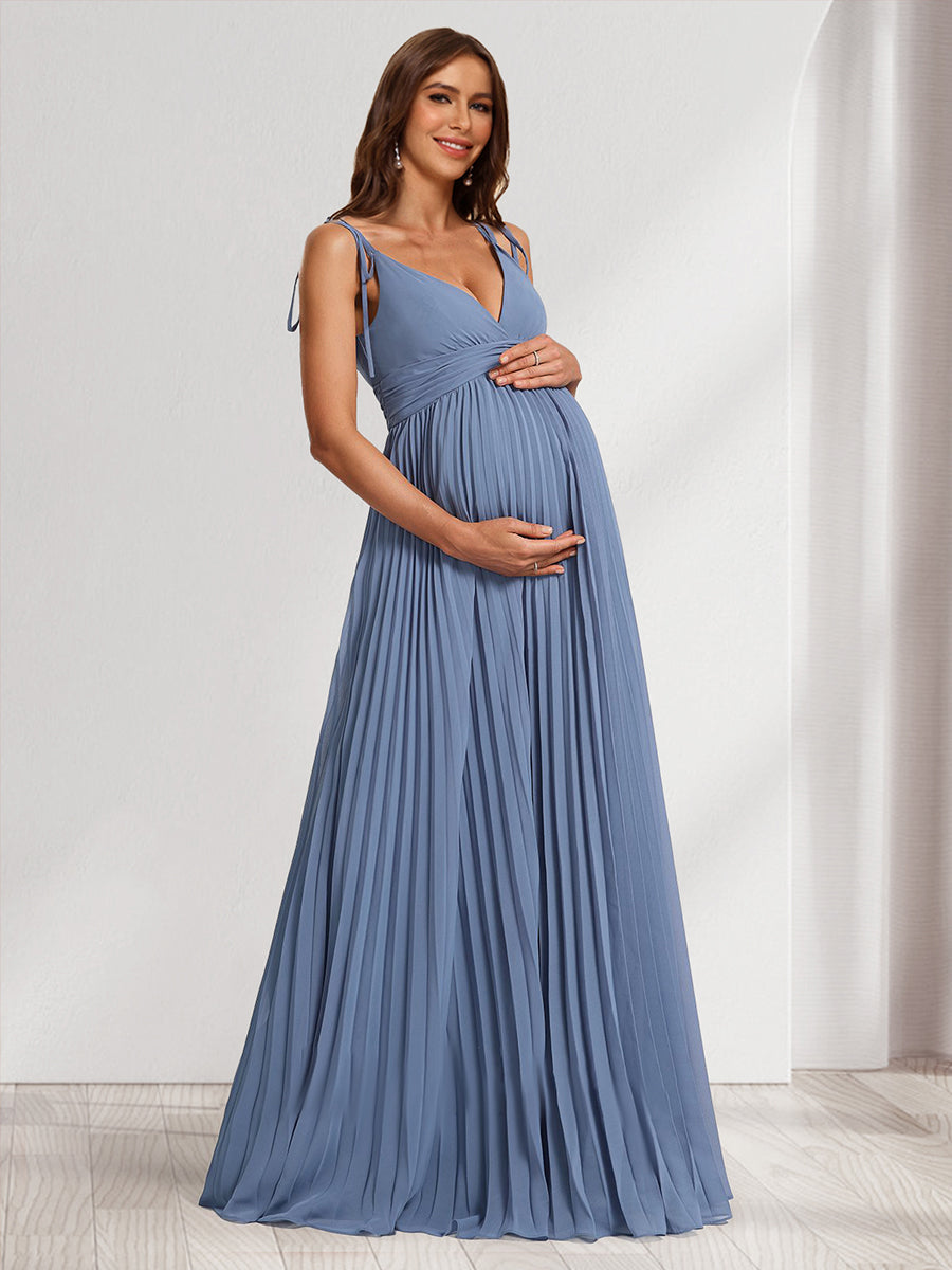 A-Line/Princess V-Neck Sleeveless Long Minimalist Maternity Bridesmaid Dresses with Pleats As Picture