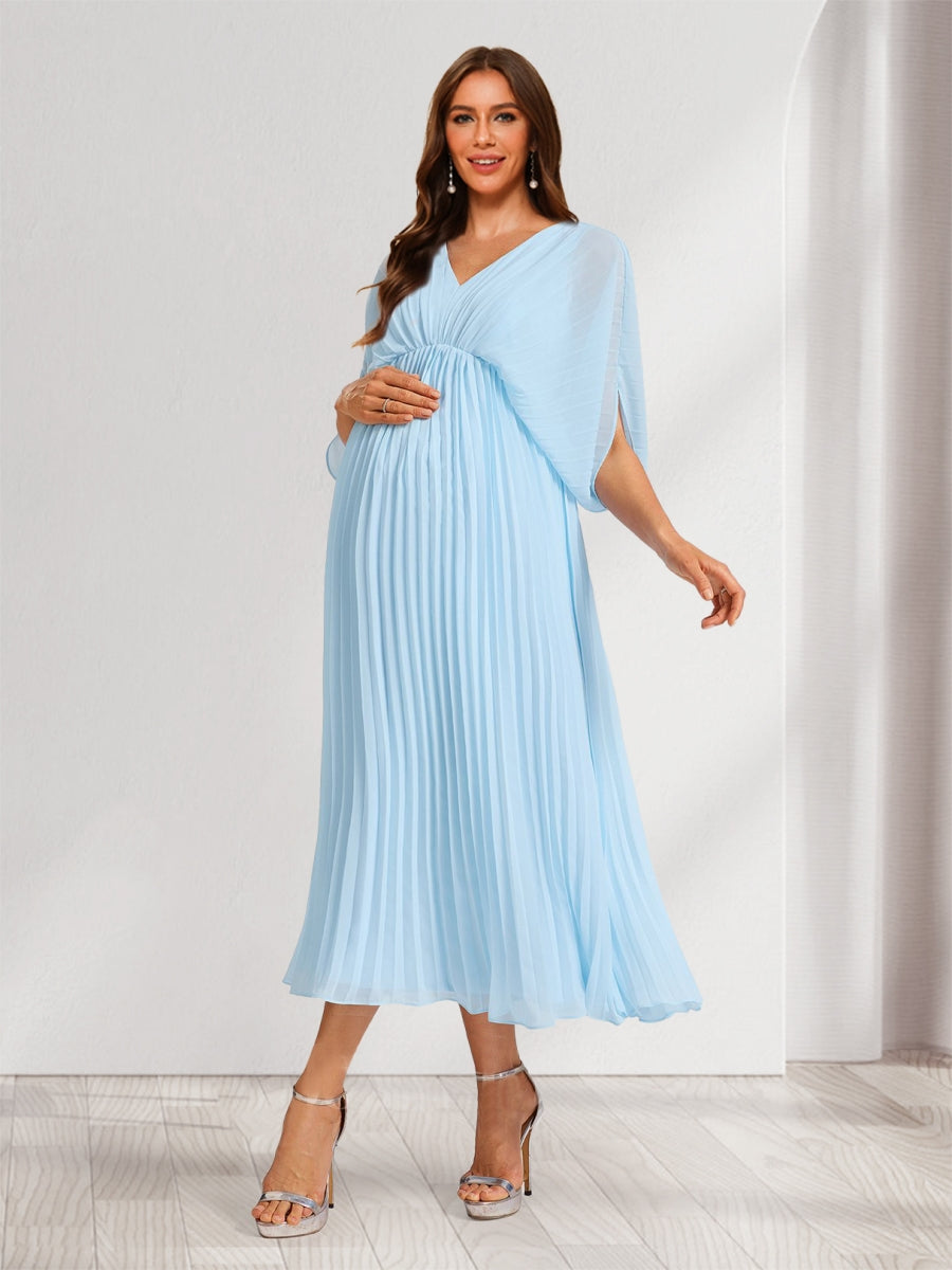 A-Line/Princess V-Neck Half Sleeves Ruched Elegant Maternity Bridesmaid Dresses with Pleats As Picture