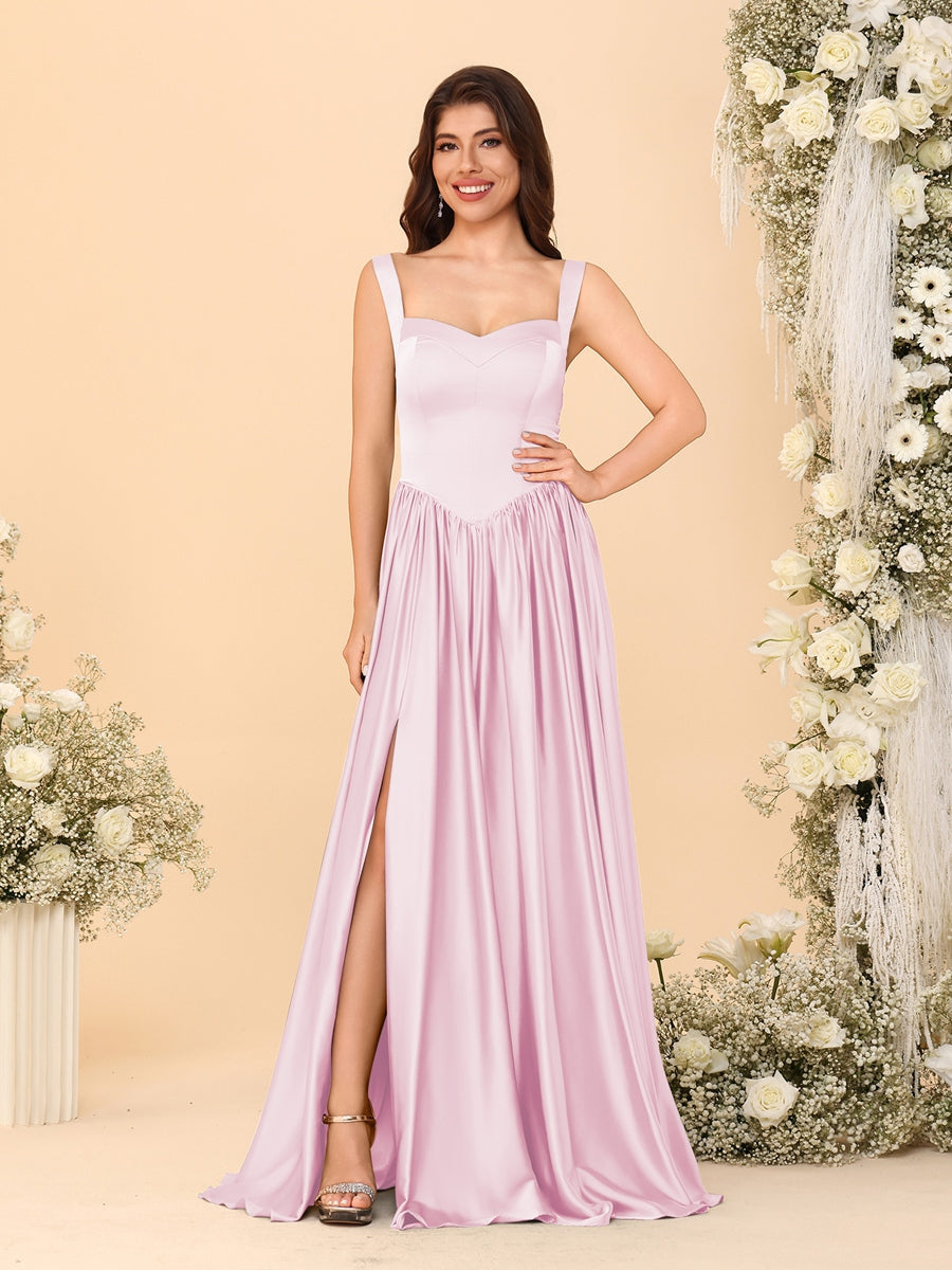 A-Line/Princess V-Neck Sleeveless Long Bridesmaid Dresses with Side Slit & Pleats Pearl Pink