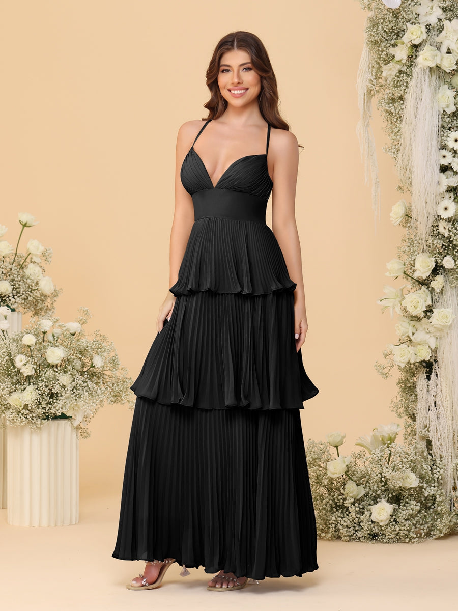 A-Line/Princess Spaghetti Straps Sleeveless Floor-Length Tiered Bridesmaid Dresses With Pleats Black