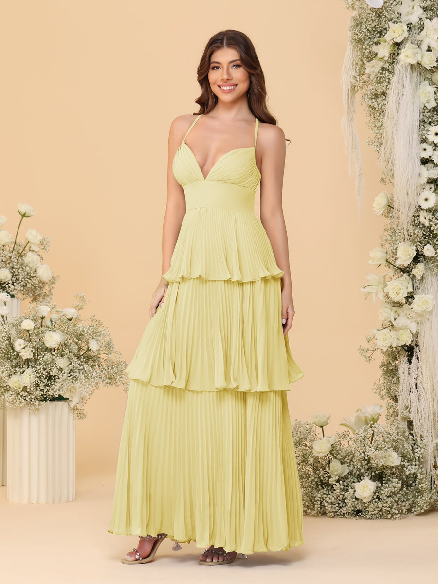 A-Line/Princess Spaghetti Straps Sleeveless Floor-Length Tiered Bridesmaid Dresses With Pleats Canary