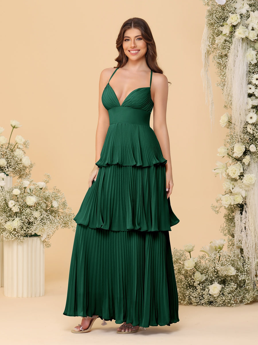 A-Line/Princess Spaghetti Straps Sleeveless Floor-Length Tiered Bridesmaid Dresses With Pleats Emerald