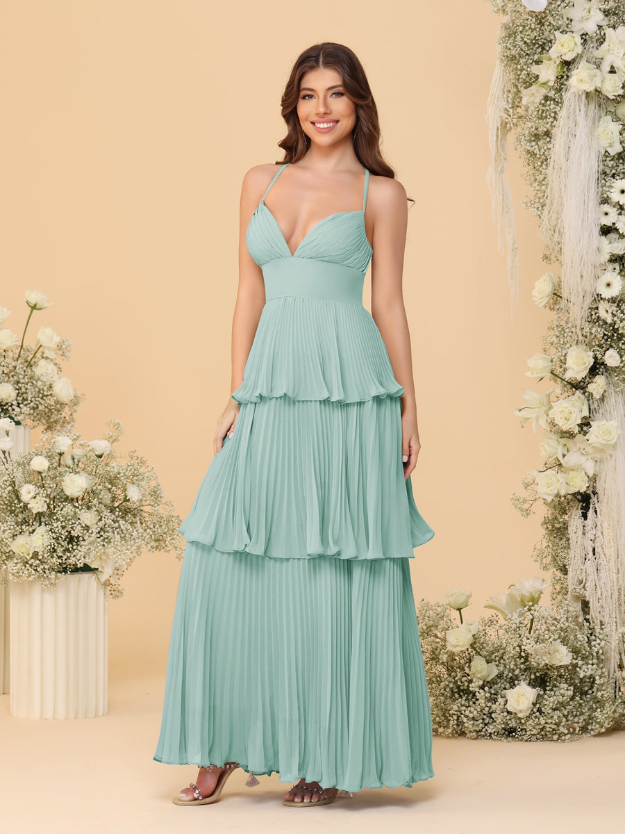 A-Line/Princess Spaghetti Straps Sleeveless Floor-Length Tiered Bridesmaid Dresses With Pleats Mist Blue