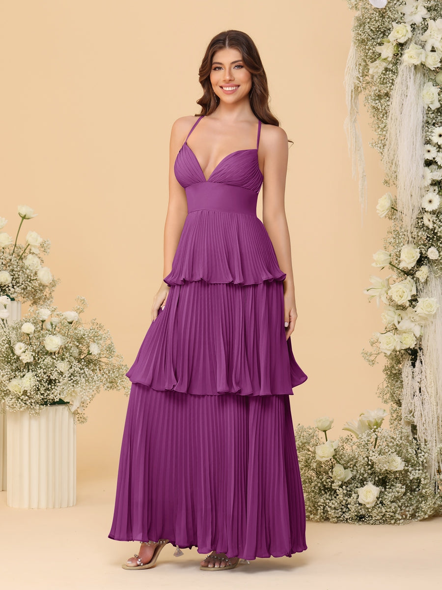 A-Line/Princess Spaghetti Straps Sleeveless Floor-Length Tiered Bridesmaid Dresses With Pleats Orchid