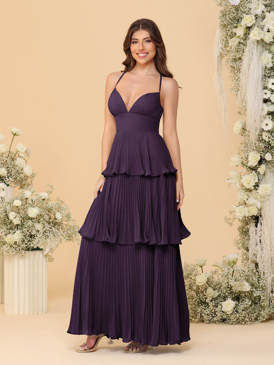 A-Line/Princess Spaghetti Straps Sleeveless Floor-Length Tiered Bridesmaid Dresses With Pleats Plum