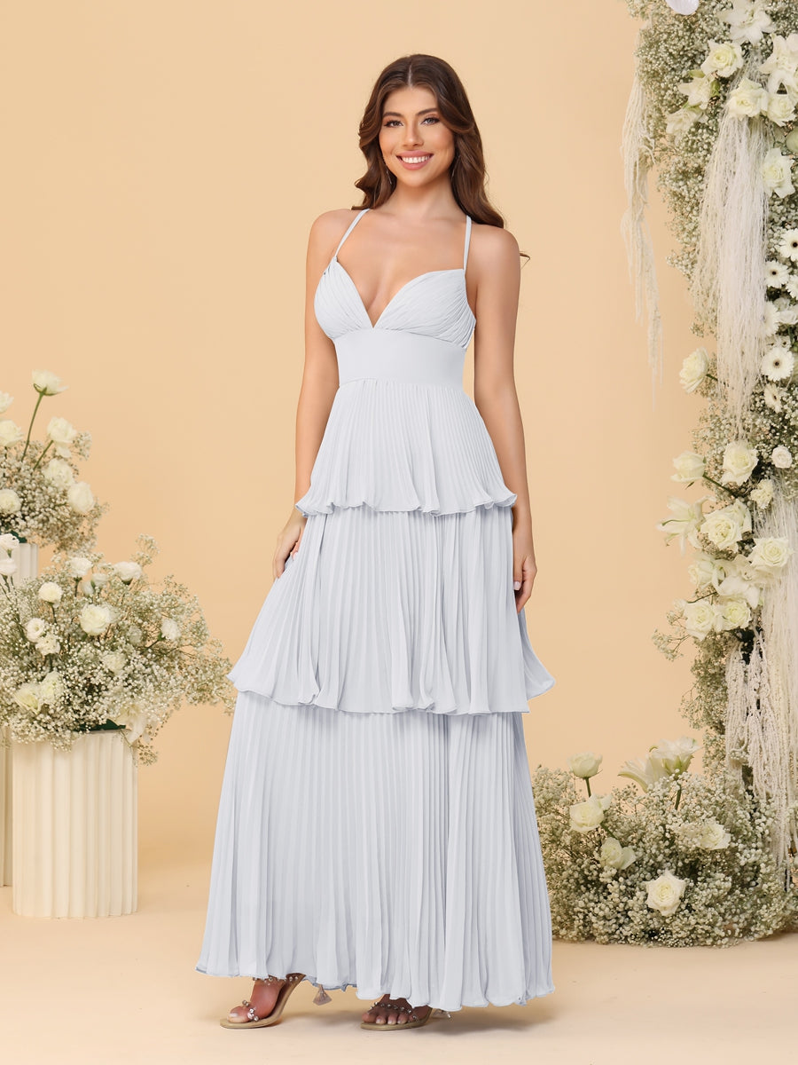 A-Line/Princess Spaghetti Straps Sleeveless Floor-Length Tiered Bridesmaid Dresses With Pleats White