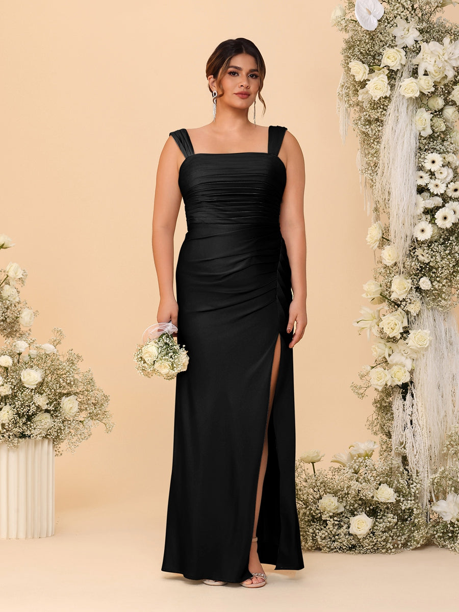 Sheath/Column Square Neck Sleeveless Floor-Length Ruched Plus Size Bridesmaid Dresses With Side Slit Black