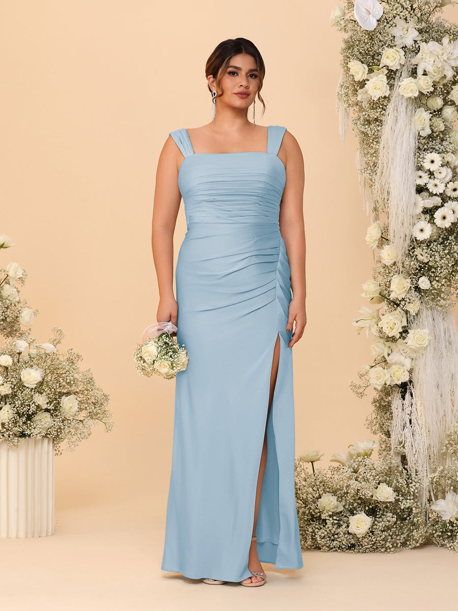 Sheath/Column Square Neck Sleeveless Floor-Length Ruched Plus Size Bridesmaid Dresses With Side Slit Lavender