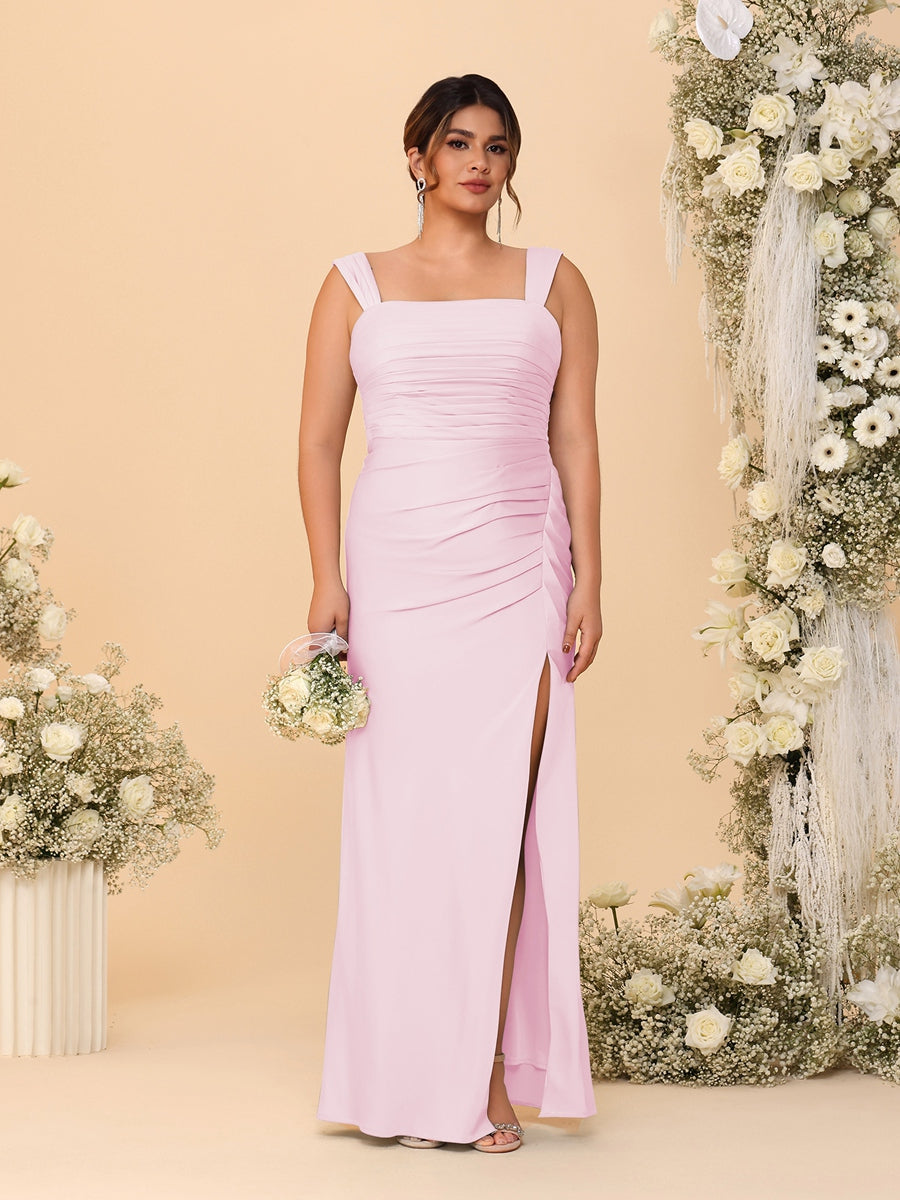 Sheath/Column Square Neck Sleeveless Floor-Length Ruched Plus Size Bridesmaid Dresses With Side Slit Pearl Pink