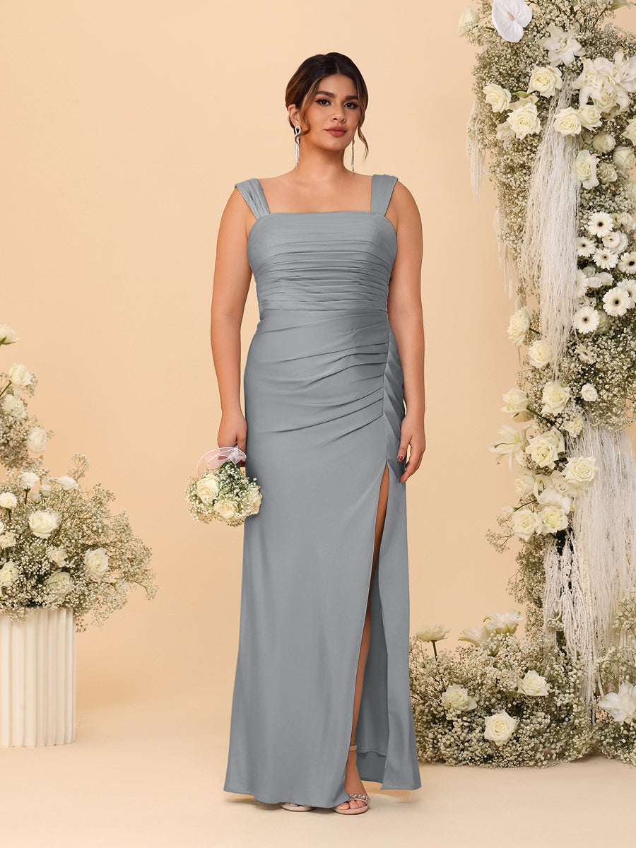 Sheath/Column Square Neck Sleeveless Floor-Length Ruched Plus Size Bridesmaid Dresses With Side Slit Silver Gray