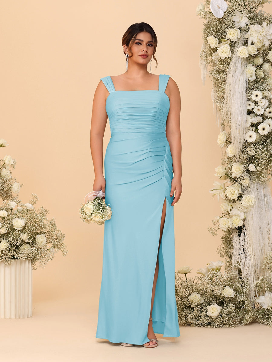 Sheath/Column Square Neck Sleeveless Floor-Length Ruched Plus Size Bridesmaid Dresses With Side Slit Sky Blue
