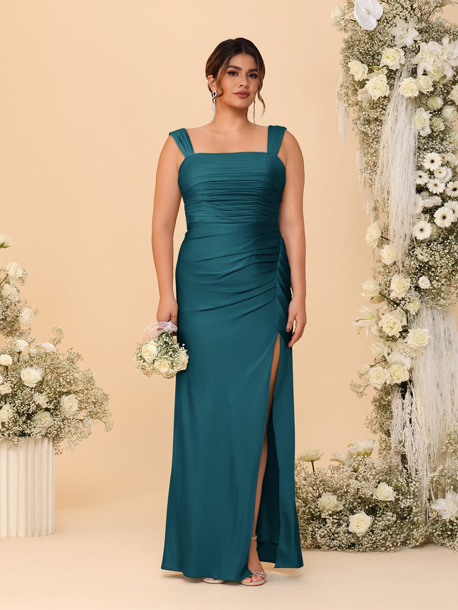 Sheath/Column Square Neck Sleeveless Floor-Length Ruched Plus Size Bridesmaid Dresses With Side Slit Teal