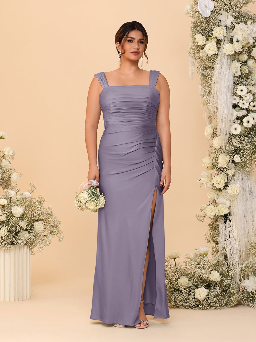 Sheath/Column Square Neck Sleeveless Floor-Length Ruched Plus Size Bridesmaid Dresses With Side Slit Wisteria