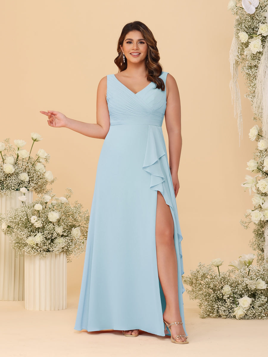 A-Line/Princess V-Neck Sleeveless Ruched Chiffon Plus Size Bridesmaid Dresses With Side Slit & Ruffles Light Blue