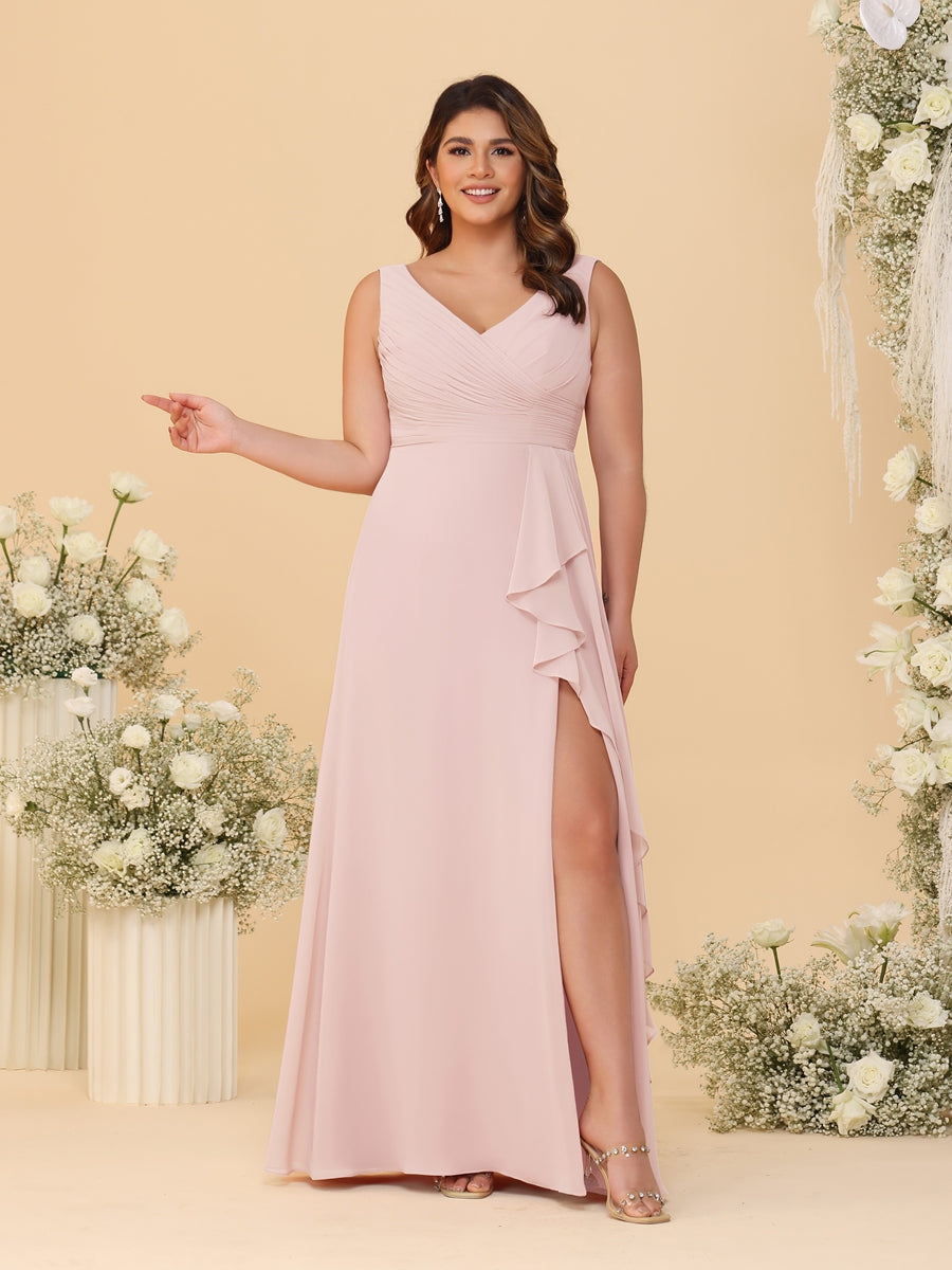 A-Line/Princess V-Neck Sleeveless Ruched Chiffon Plus Size Bridesmaid Dresses With Side Slit & Ruffles Pearl Pink