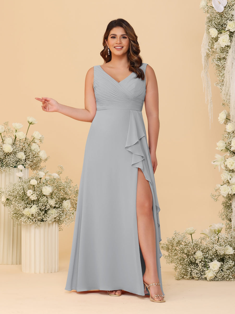 A-Line/Princess V-Neck Sleeveless Ruched Chiffon Plus Size Bridesmaid Dresses With Side Slit & Ruffles Silver