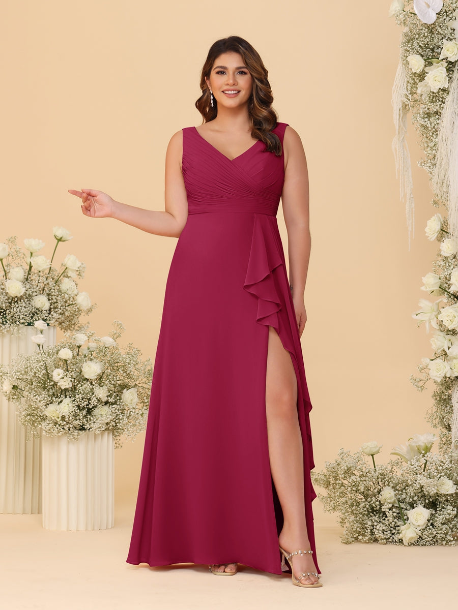A-Line/Princess V-Neck Sleeveless Ruched Chiffon Plus Size Bridesmaid Dresses With Side Slit & Ruffles Wine Red