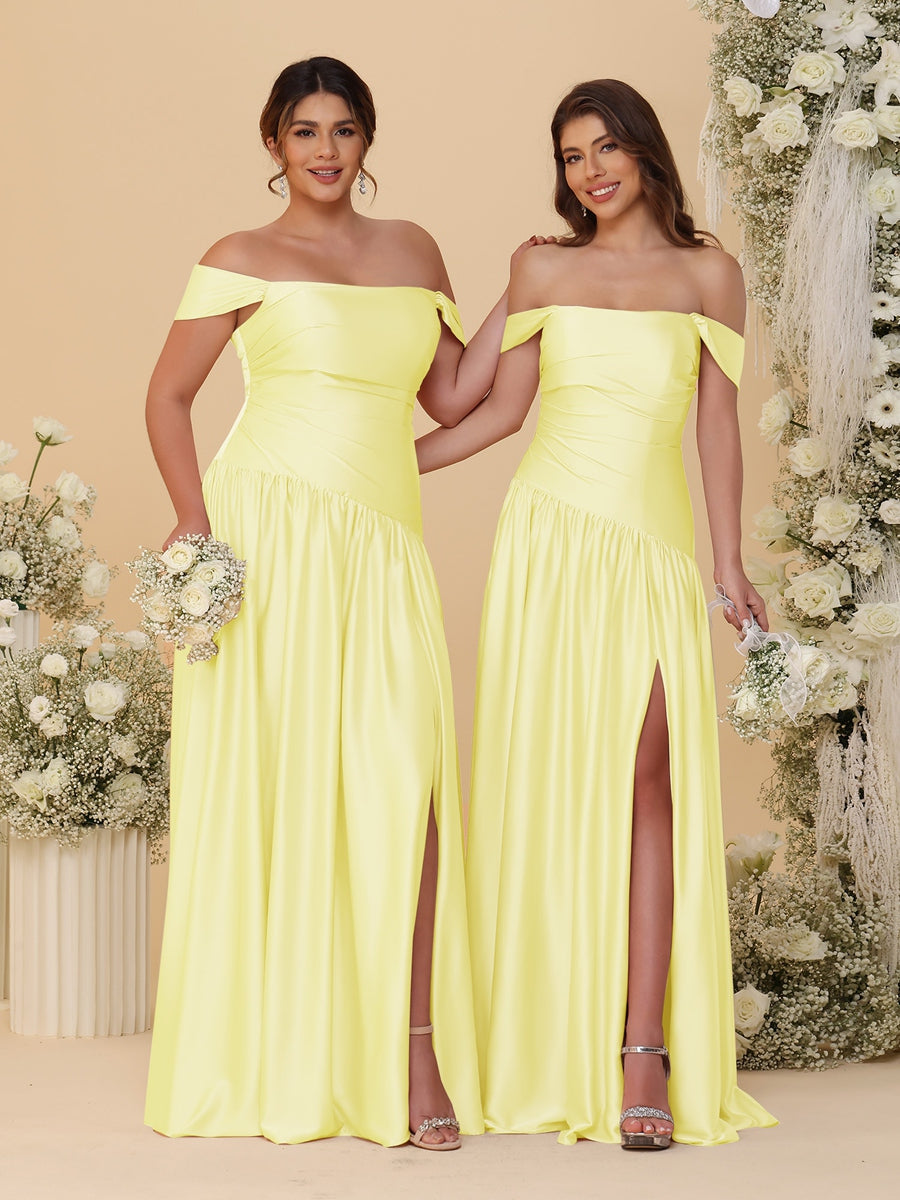 A-Line/Princess Off-the-Shoulder Ruched Long Bridesmaid Dresses With Side Slit & Pleats Canary